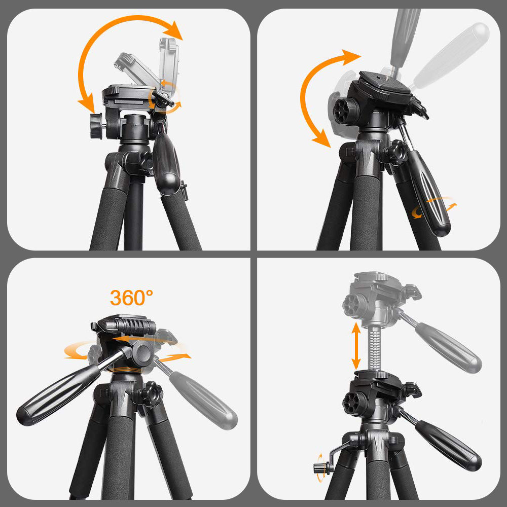 Huepar tripod showing quick-release head operation, 360-degree rotation, and height adjustment.