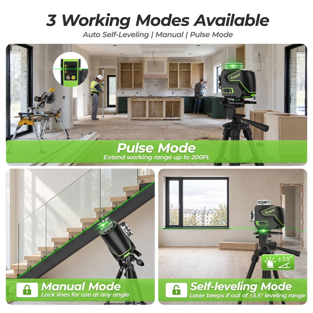 Promotional infographic for a Huepar 4D laser level showing three working modes: Pulse Mode, Manual Mode, and Self-leveling Mode. The top section features a large photo of the laser level set up in a modern kitchen under construction, with text overlays explaining the features.