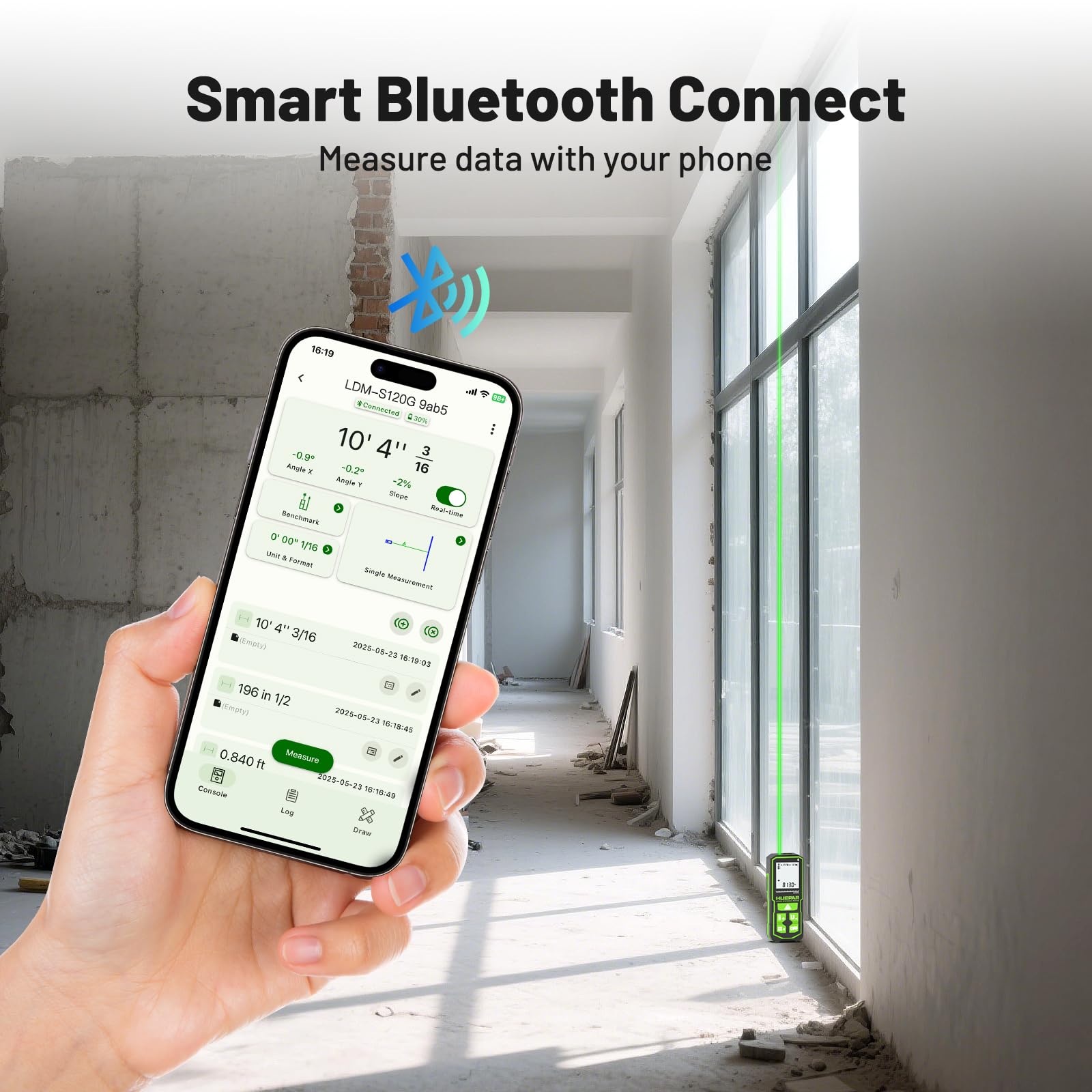 Huepar S120G-BT - Bluetooth Laser Distance Meter (395FT, 1/16in Accuracy, App, Area, Volume )