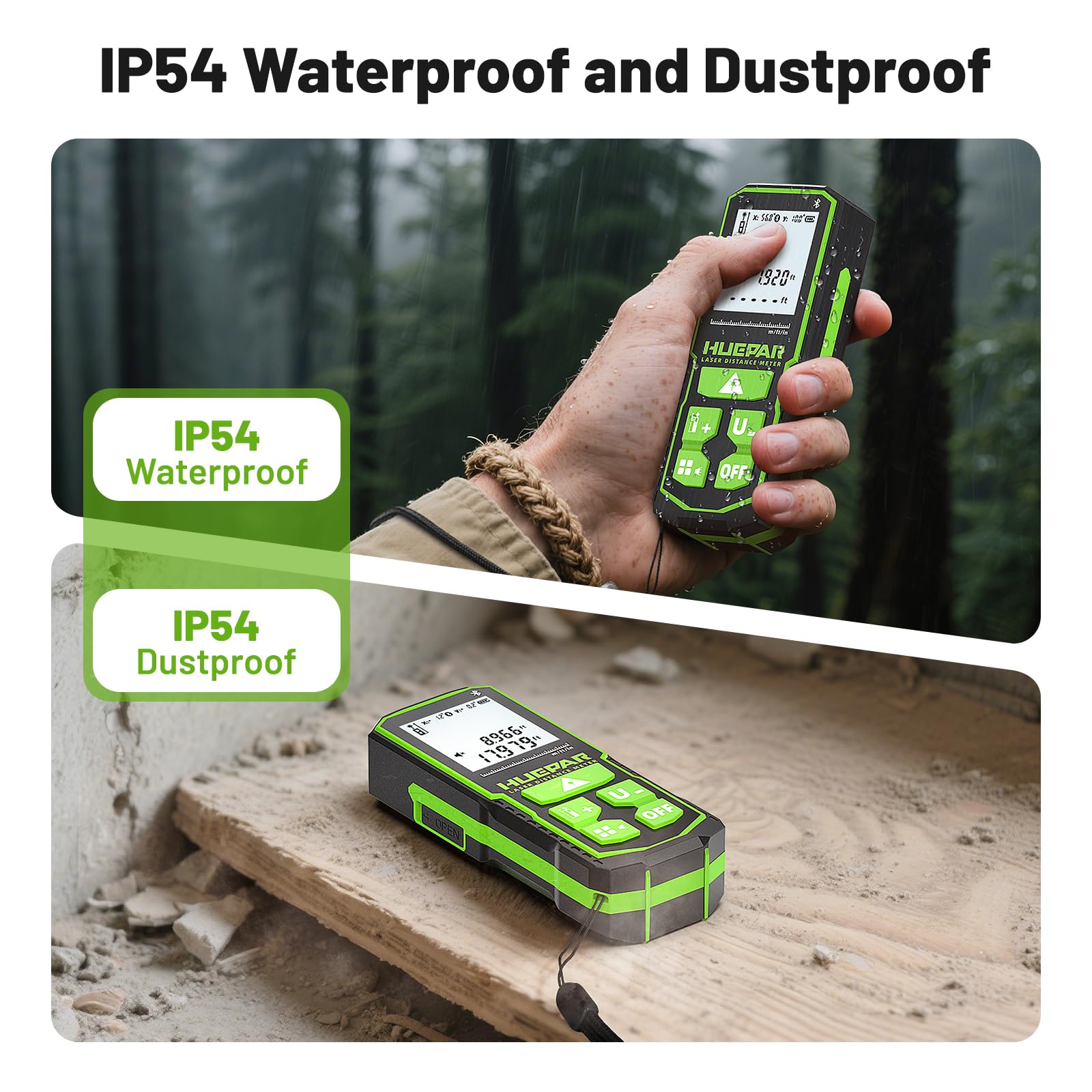 Huepar S120G-BT - Bluetooth Laser Distance Meter (395FT, 1/16in Accuracy, App, Area, Volume )