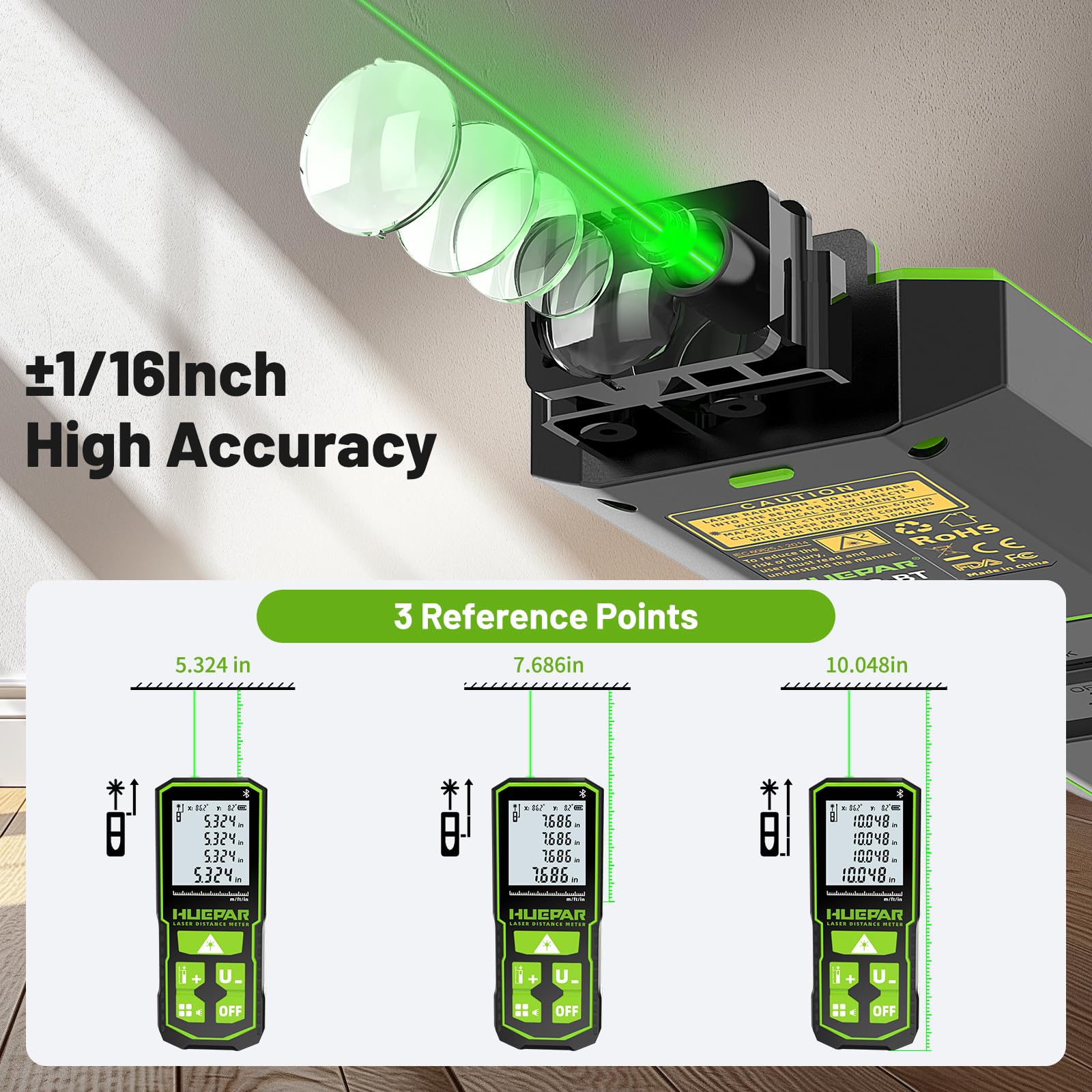 Huepar S120G-BT - Bluetooth Laser Distance Meter (395FT, 1/16in Accuracy, App, Area, Volume )