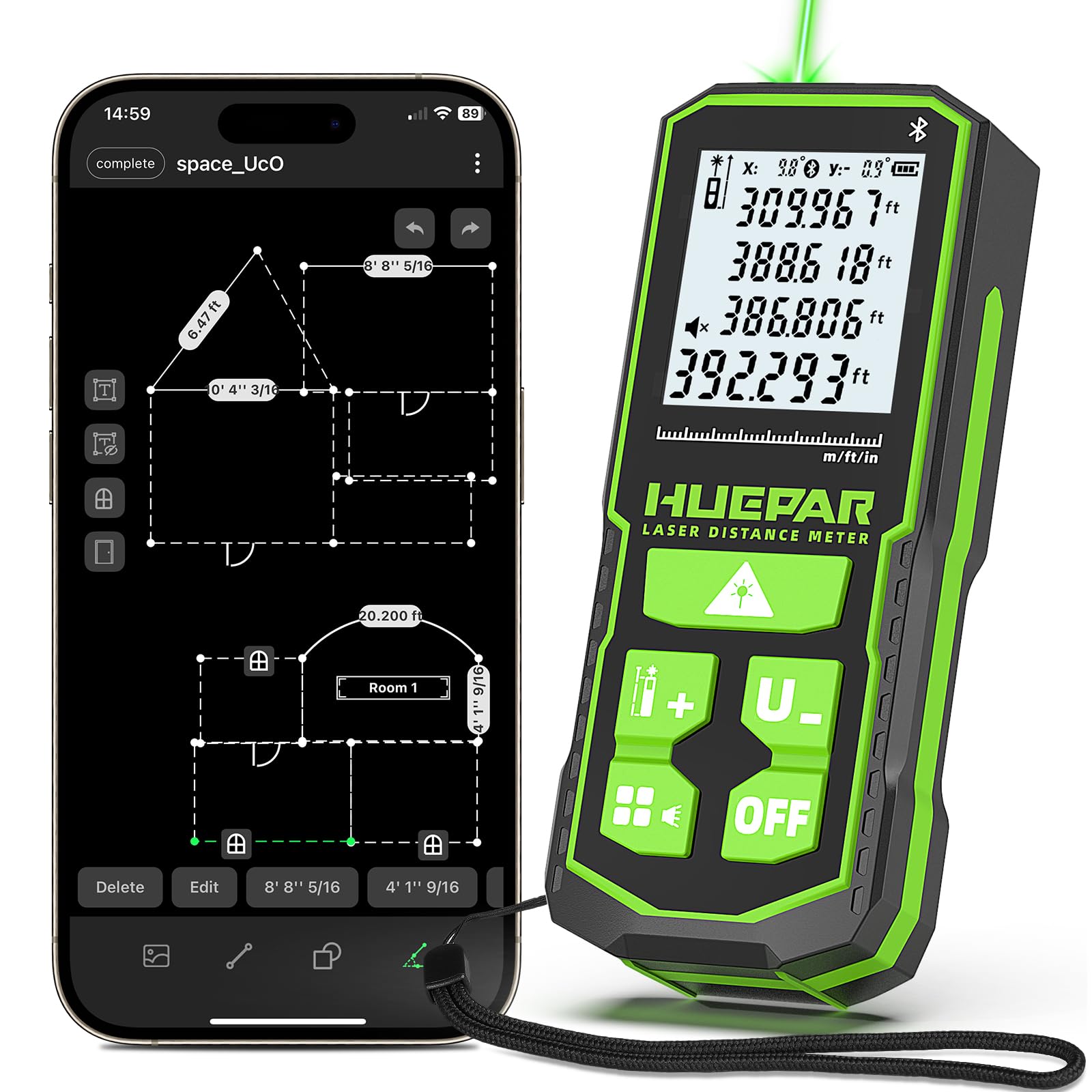 Huepar S120G-BT - Bluetooth Laser Distance Meter (395FT, 1/16in Accuracy, App, Area, Volume )