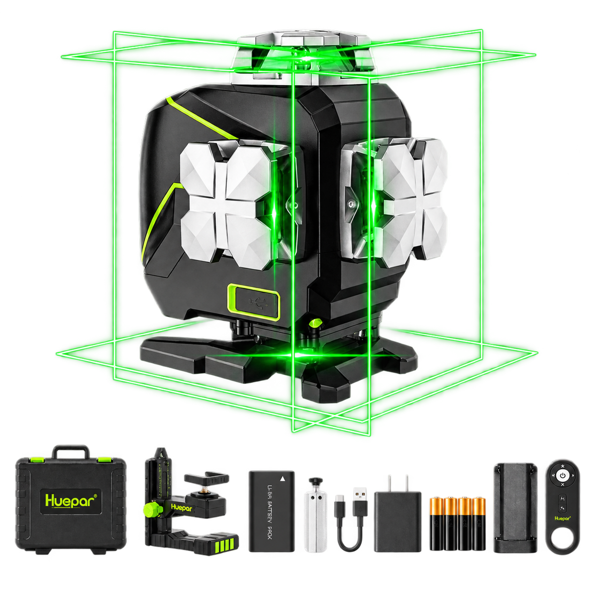 A Huepar 4D laser level set shown on a white background, with the main device centered and green laser lines projecting outward. Below the main unit are included accessories: a black carrying case with Husqvarne branding, a battery, charger, USB cable, adapter, batteries, and a remote control.